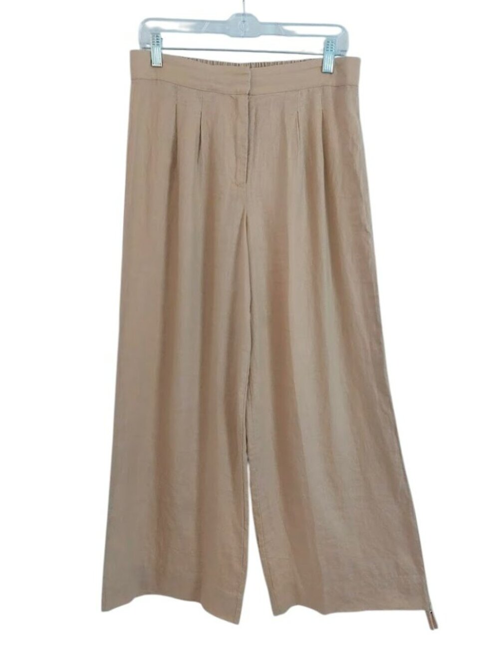 Magaschoni Wide Leg 100% Linen Pants Medium Lagenlook Pleated Pockets Beige EUC